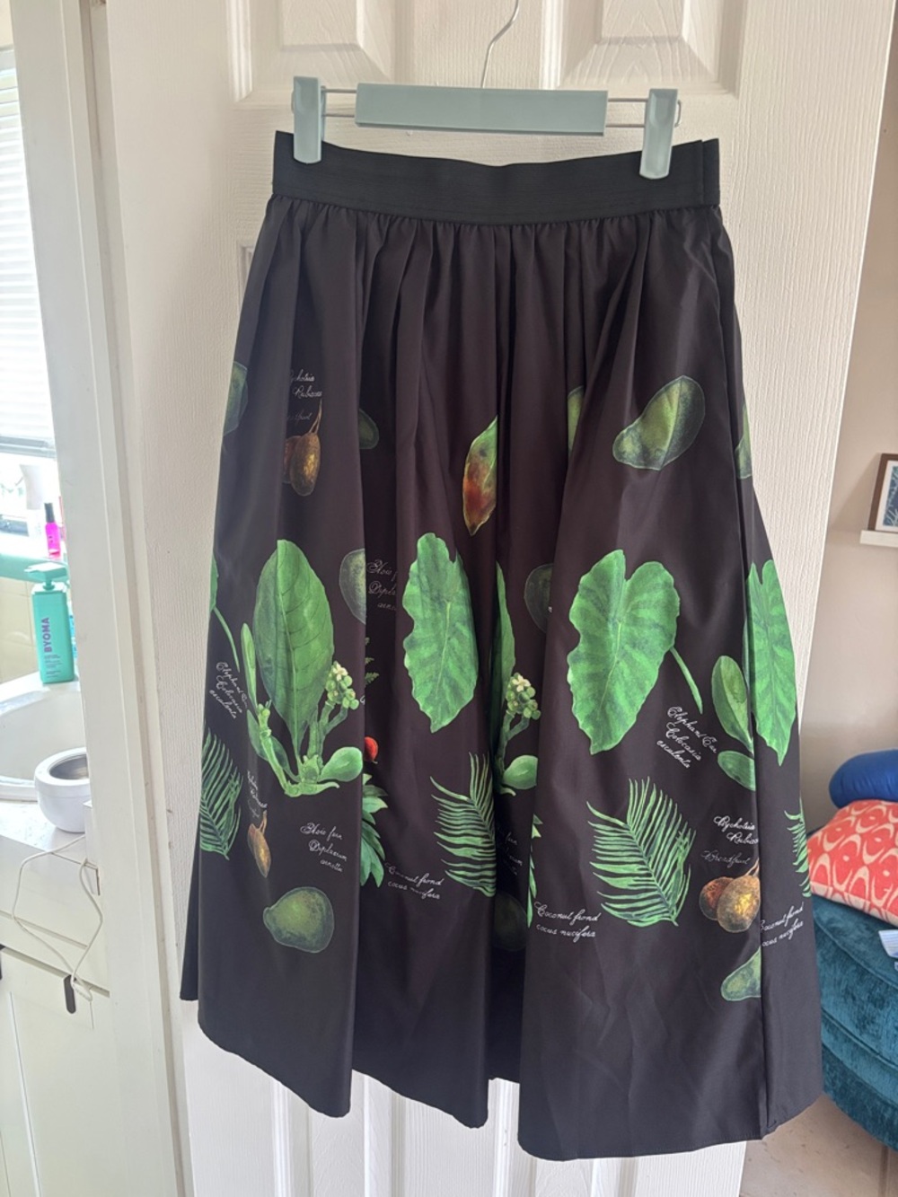 Black A-Line Midi Skirt with Green Botanical Print